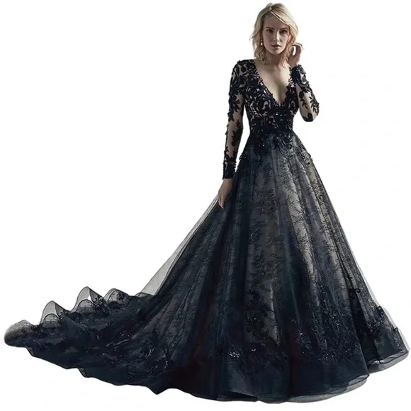 fitted lace wedding dress Gorgeous Black Mermaid Beadings Long Evening Gowns